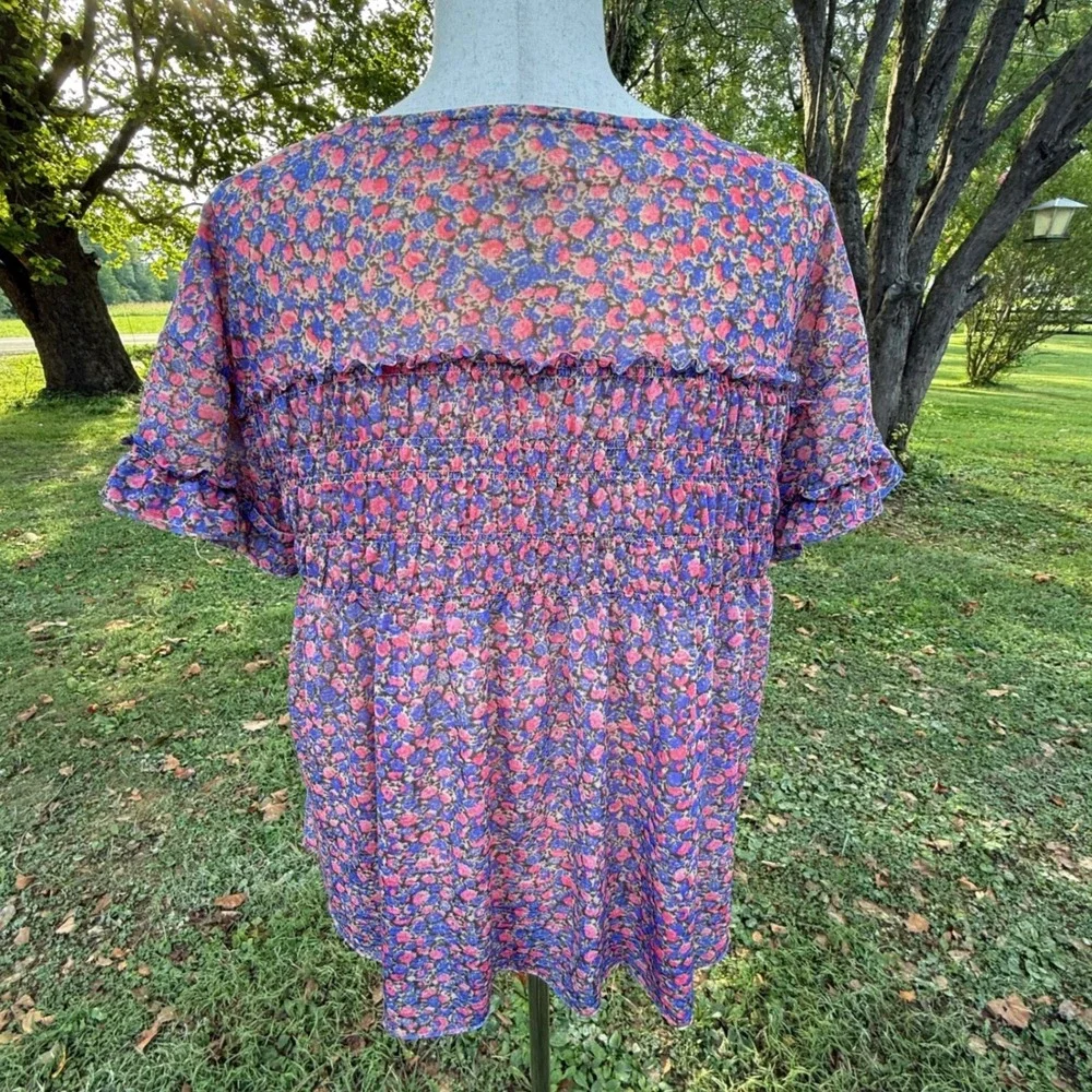 Anthropologie Deletta Floral Smocked Ruffle Blouse Pink Blue Short Sleeve Small